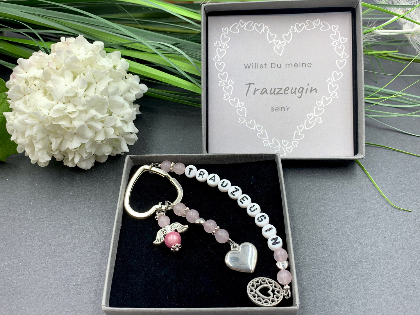 Schlüsselanhänger Trauzeugin Rosenquarz echt - Herzen Platiniert  - Geschenk Brautjungfer Team Braut - Edelstein wählbar - personalisierbar