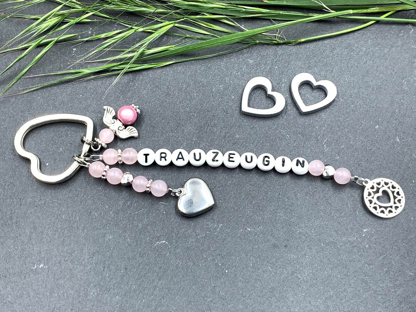 Schlüsselanhänger Trauzeugin Rosenquarz echt - Herzen Platiniert  - Geschenk Brautjungfer Team Braut - Edelstein wählbar - personalisierbar