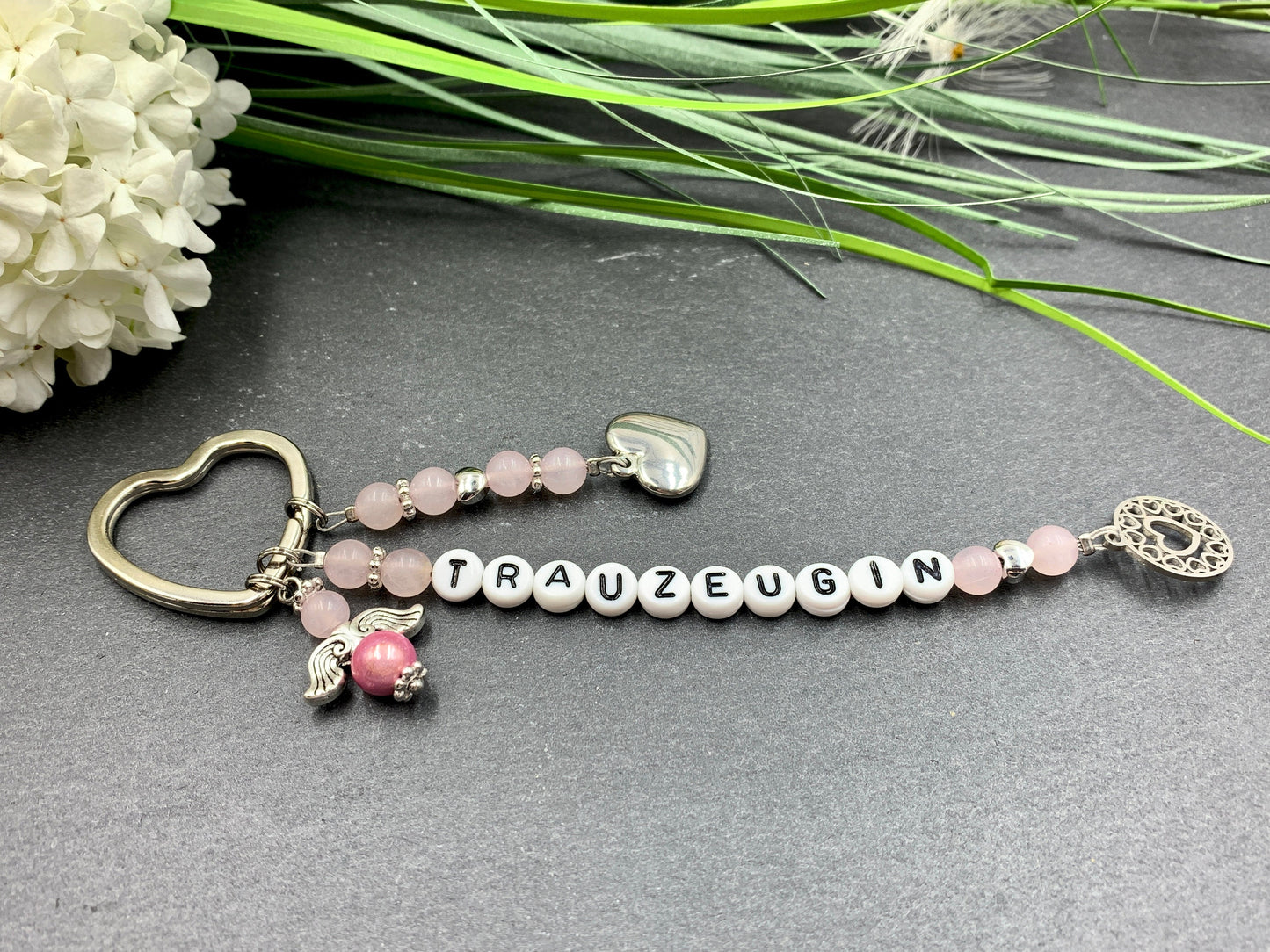 Schlüsselanhänger Trauzeugin Rosenquarz echt - Herzen Platiniert  - Geschenk Brautjungfer Team Braut - Edelstein wählbar - personalisierbar