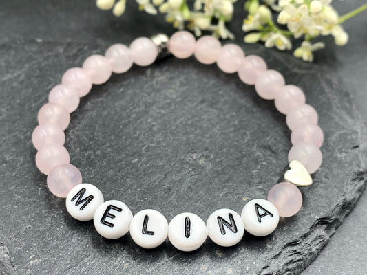 Rosenquarz Armband Name Melina - Herz Platiniert - Geschenk zur Geburt oder Taufe, Rosenquarzarmband personalisiert Mädchenarmband