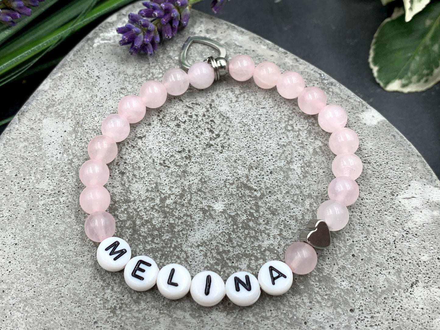 Armband Aventurin Name Nora Herz platiniert - Geschenk Geburt Namensarmband Lieblingsmensch - Wunschedelstein wählbar personalisierbar