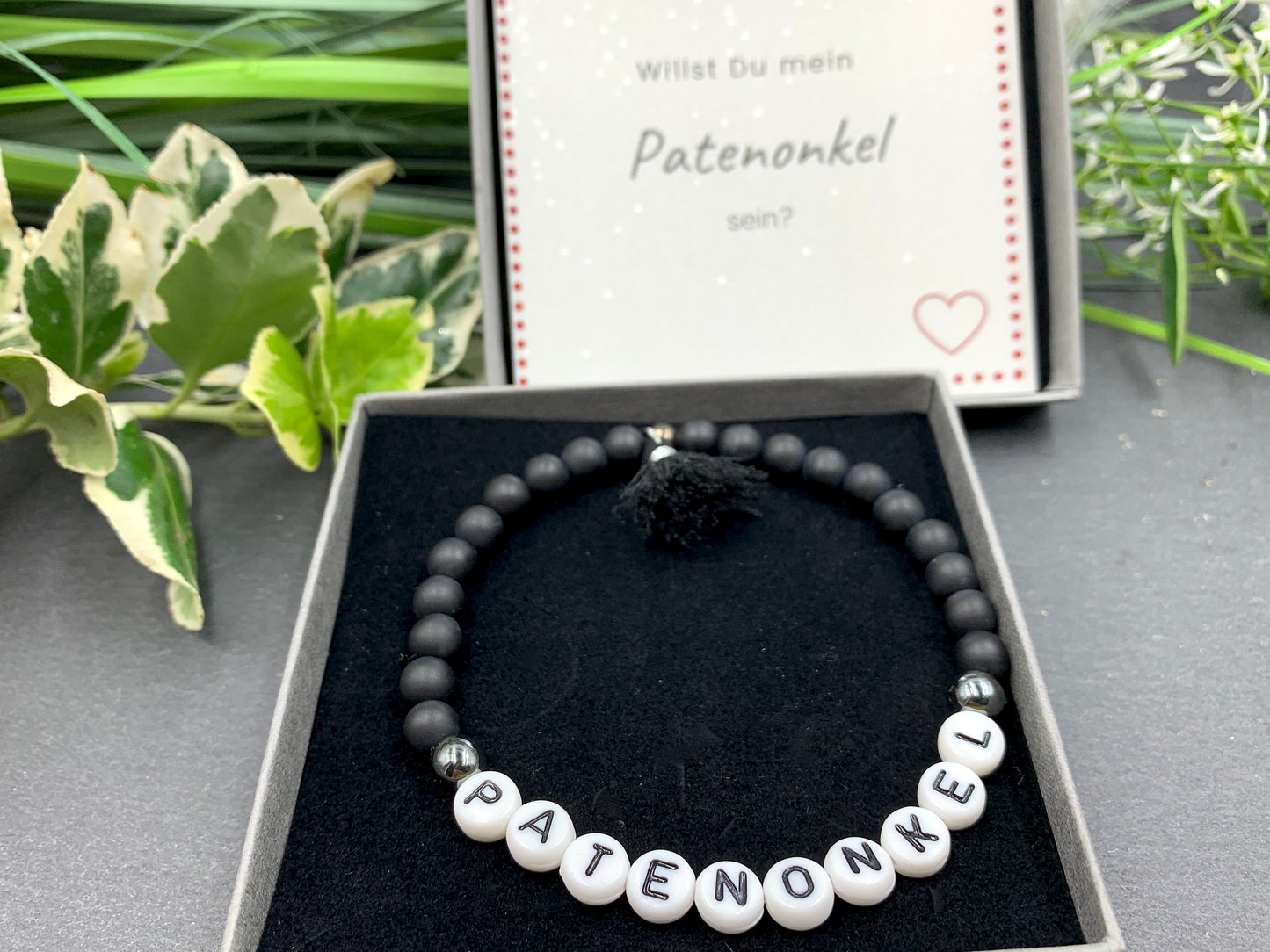 Armband Patenonkel schwarzer Achat - Perlenarmband Frage Patenschaft Andenken Taufe - viele Edelsteine - personalisierbar