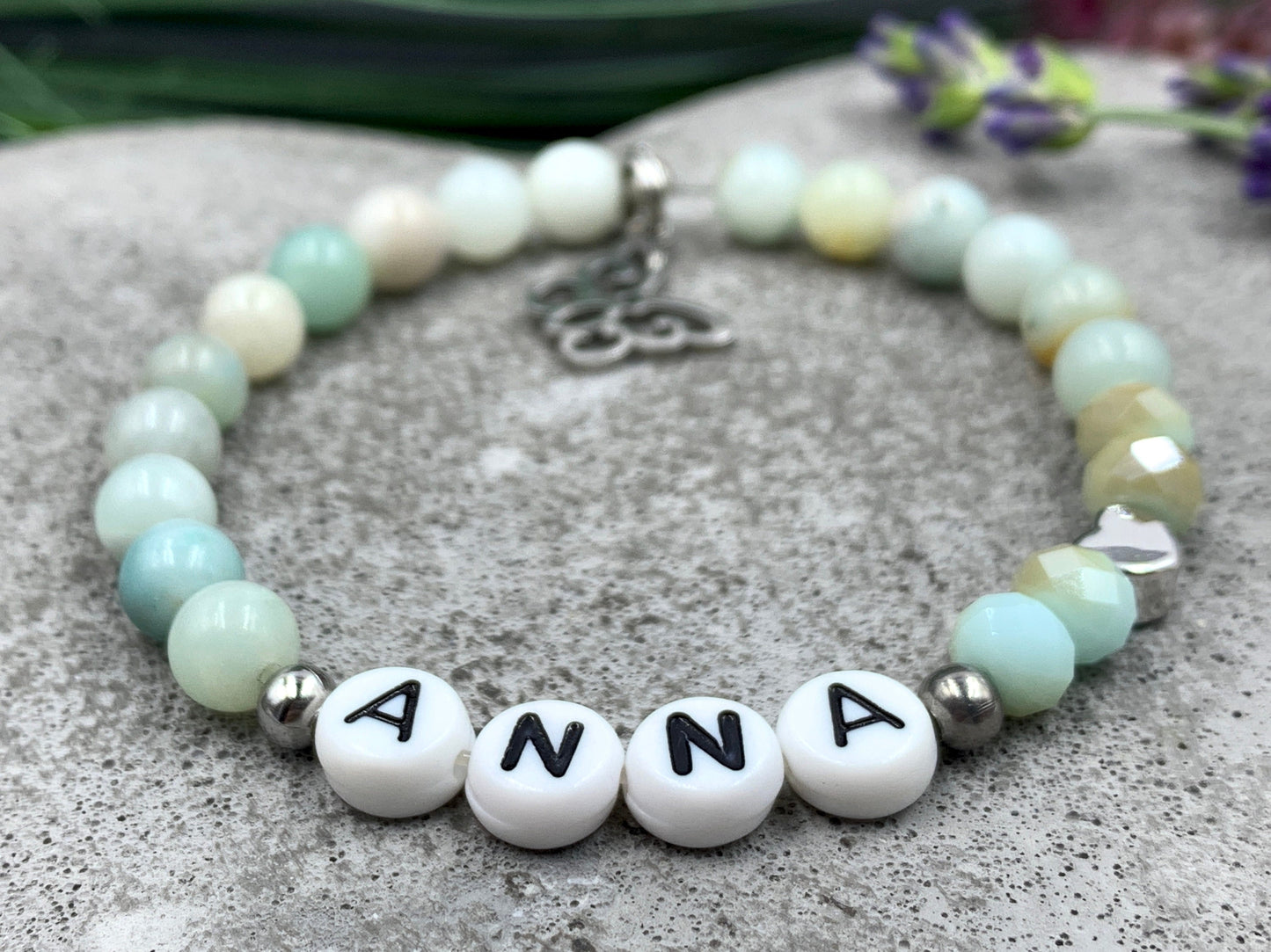 Perlenarmband Amazonit mit Namen - Namensarmband mit Herz Platiniert - 925 Silber Perlen - echte Edelsteine nach Wunsch - Geschenk Mama