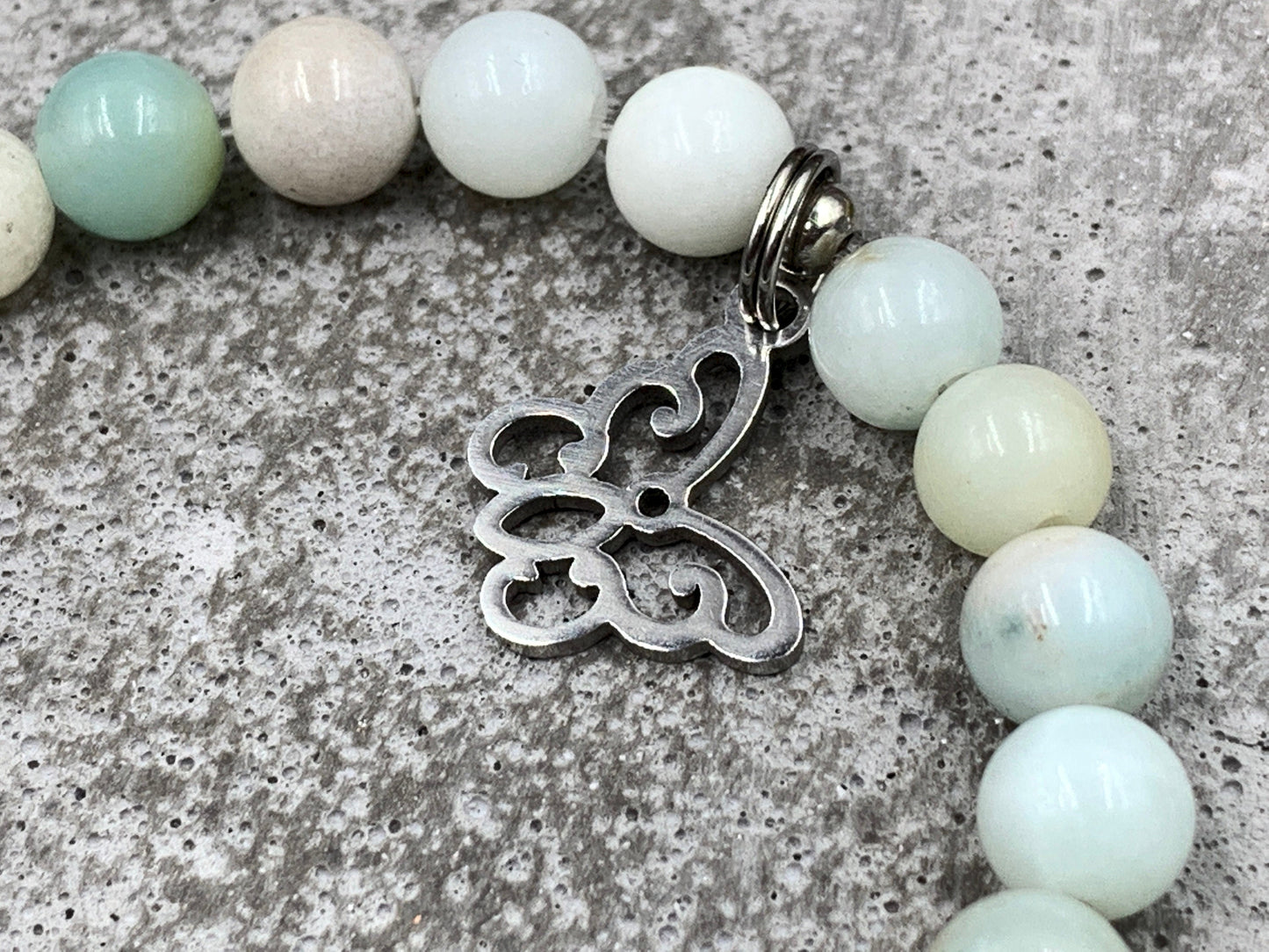 Perlenarmband Amazonit mit Namen - Namensarmband mit Herz Platiniert - 925 Silber Perlen - echte Edelsteine nach Wunsch - Geschenk Mama