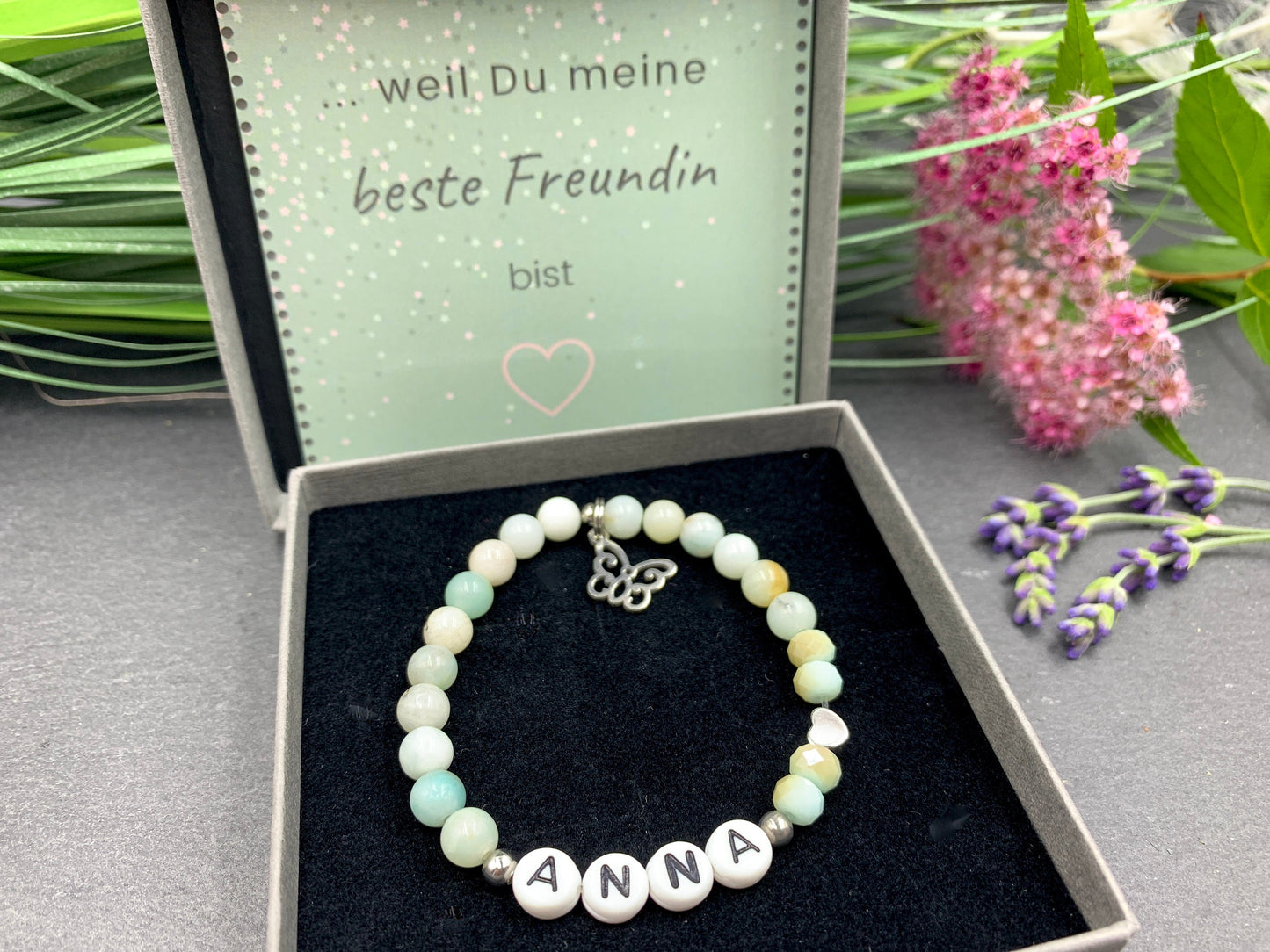 Perlenarmband Amazonit mit Namen - Namensarmband mit Herz Platiniert - 925 Silber Perlen - echte Edelsteine nach Wunsch - Geschenk Mama