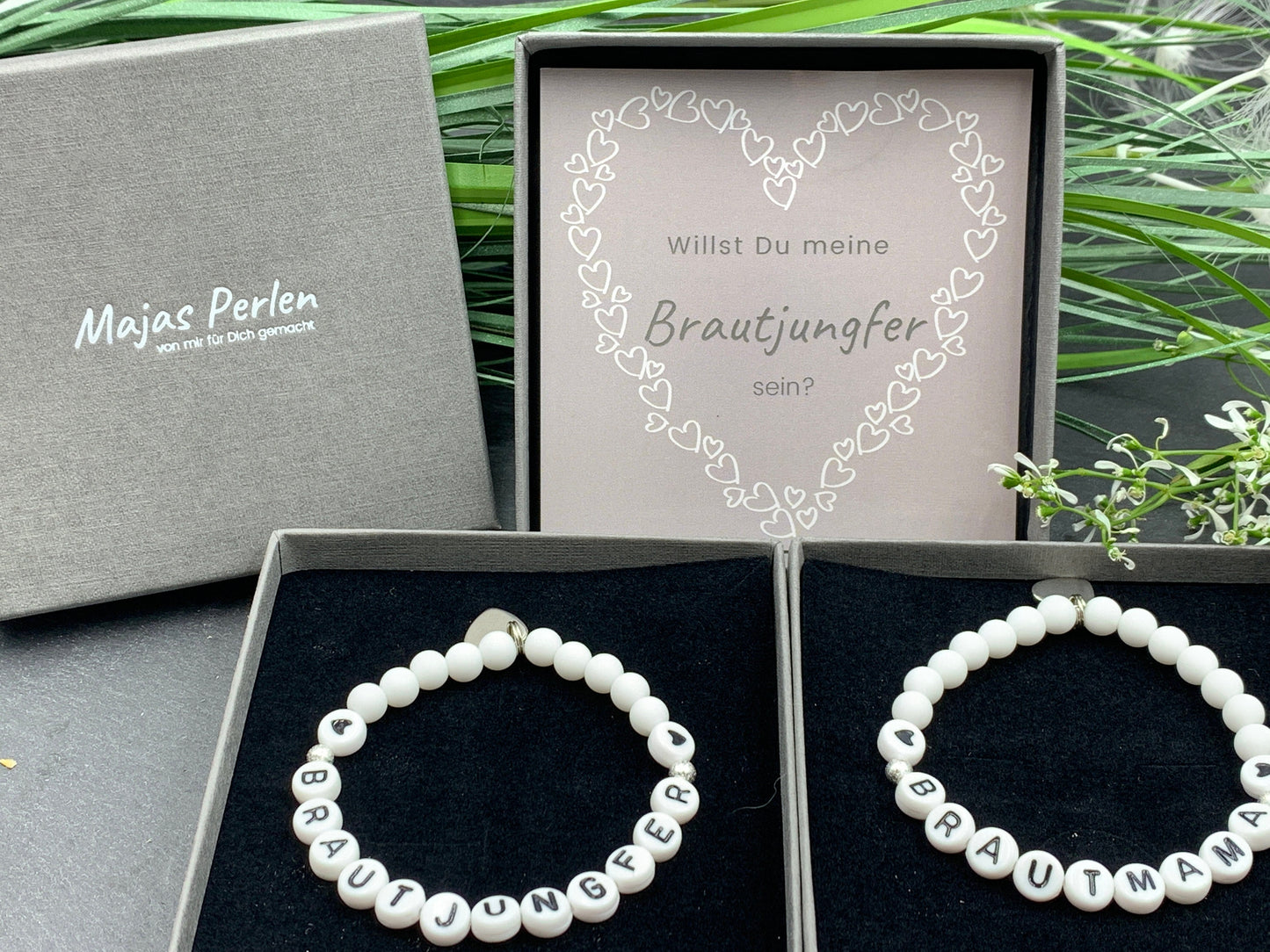 Armband Brautmama Weiß Perlen Acryl 6 mm - Geschenk Brautmutter JGA Team Braut Andenken an Hochzeit - viele Farben