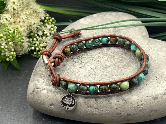 Wickelarmband Afrikanischer Türkis und Leder Vintagestill - Bohoarmband Festivalstil - viele Edelsteine möglich - Geschenk Perlenarmband
