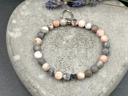 Perlenarmband Zebra Jaspis echter Naturstein - Herz Platiniert - Geschenk Mama Liebe Geburtstag - verschiedene Edelsteine wählbar