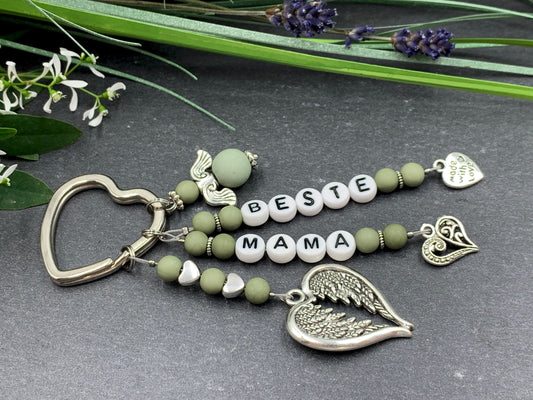 Schlüsselanhänger Beste Mama Acryl Oliv - Geschenk Mutter Großmutter Geburt Liebe - personalisierbar viele Farben - Edelsteine möglich