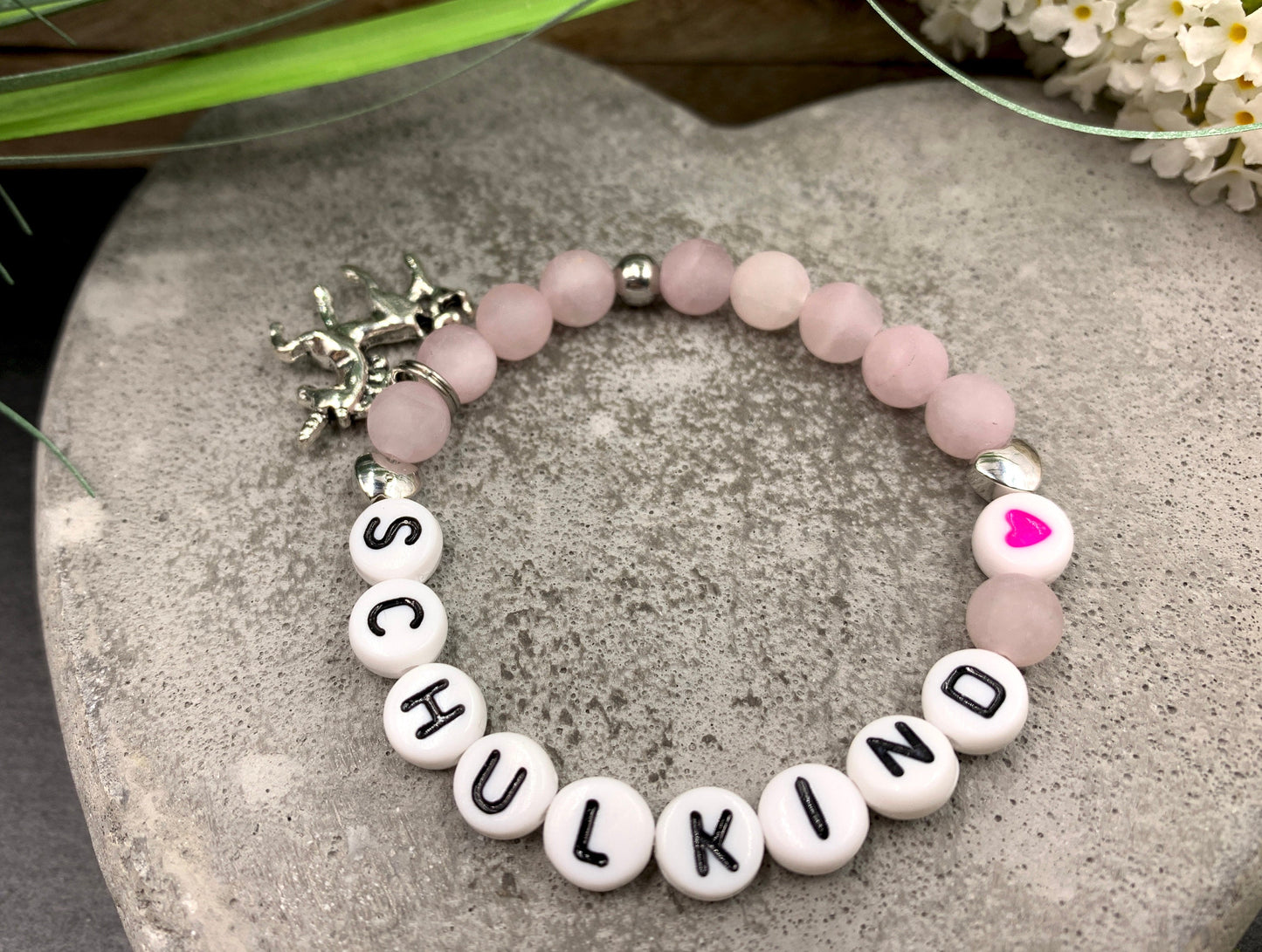 Perlenarmband Schulkind Rosenquarz - Herzen echt Platiniert - Armband Glücksbringer Mädchen Einschulung - diverse Edelsteine - anpassbar