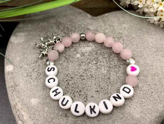 Perlenarmband Schulkind Rosenquarz - Herzen echt Platiniert - Armband Glücksbringer Mädchen Einschulung - diverse Edelsteine - anpassbar