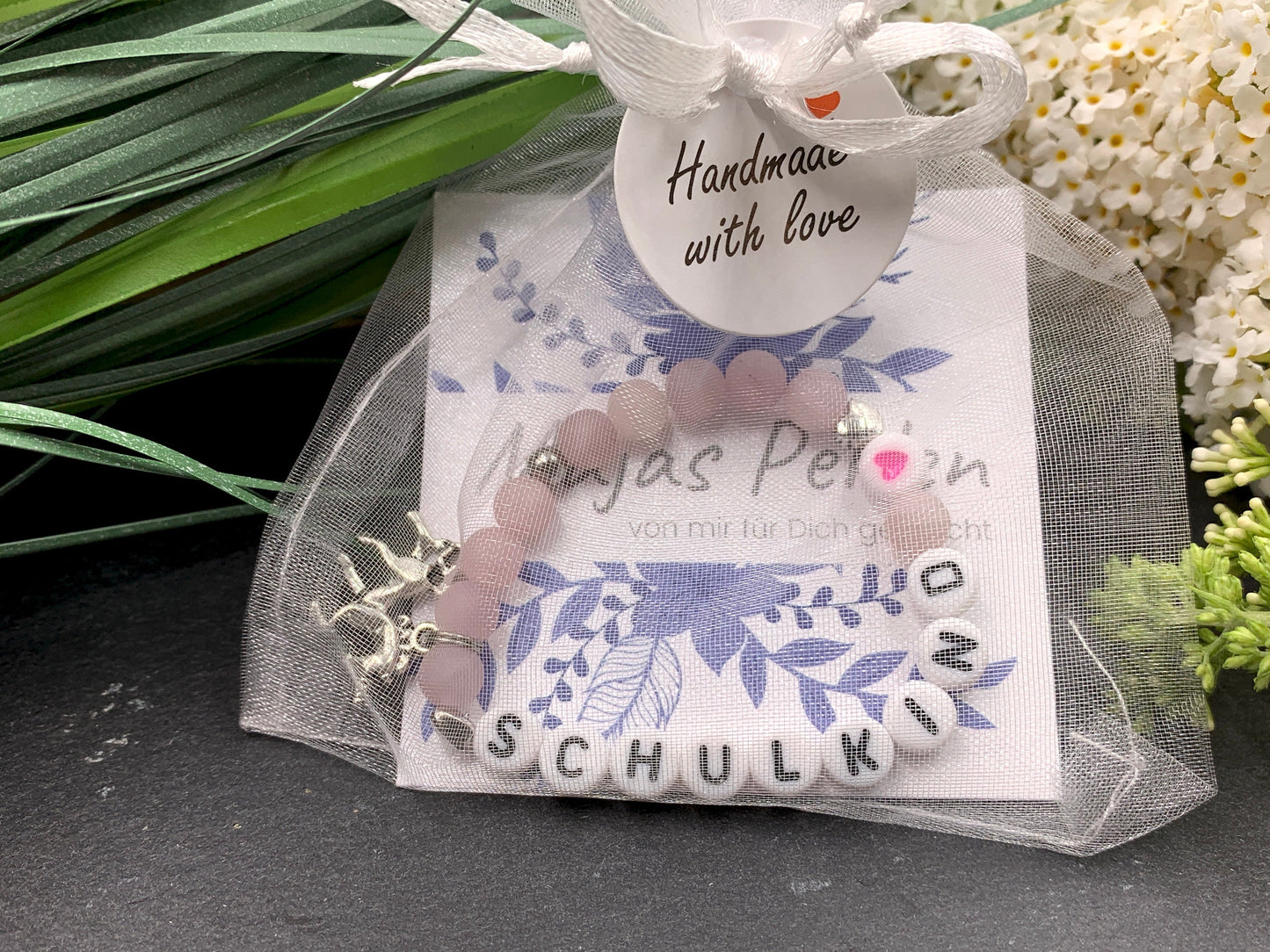 Perlenarmband Schulkind Rosenquarz - Herzen echt Platiniert - Armband Glücksbringer Mädchen Einschulung - diverse Edelsteine - anpassbar