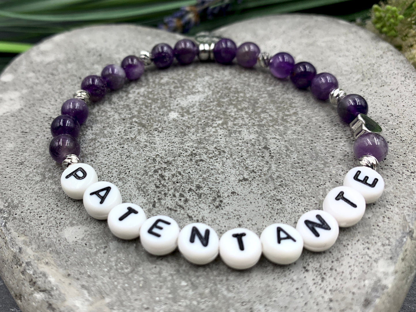 Armband Amethyst Patentante Herz platiniert - Geschenk für Patenschaft Taufe - Willst du meine Patin sein - Wunschedelstein personalisierbar