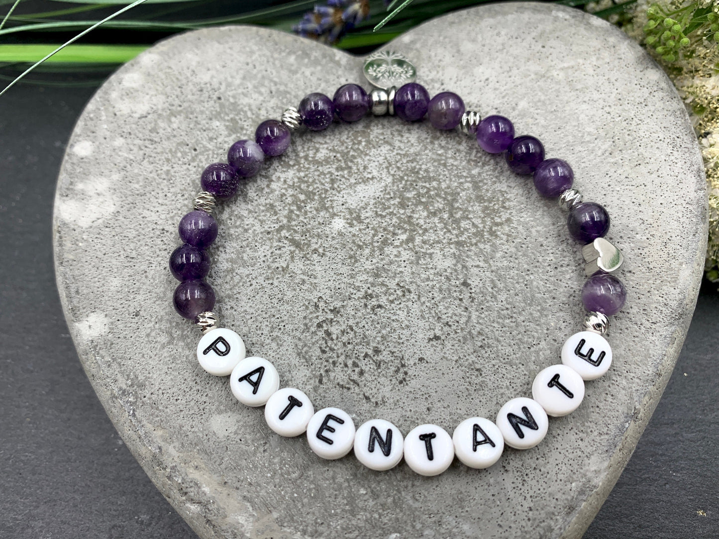 Armband Amethyst Patentante Herz platiniert - Geschenk für Patenschaft Taufe - Willst du meine Patin sein - Wunschedelstein personalisierbar