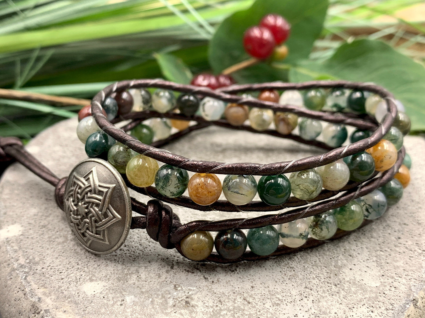 Wickelarmband Indischer Achat Leder - Perlenarmband gewickelt - Geschenk Geburtstag Liebe Kraft - Edelstein nach Wunsch