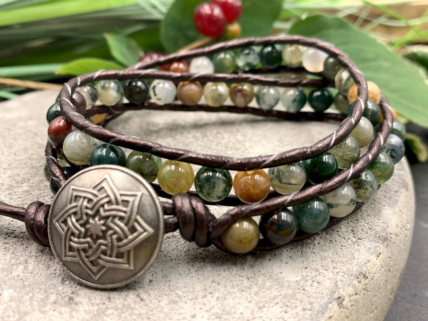 Wickelarmband Indischer Achat Leder - Perlenarmband gewickelt - Geschenk Geburtstag Liebe Kraft - Edelstein nach Wunsch