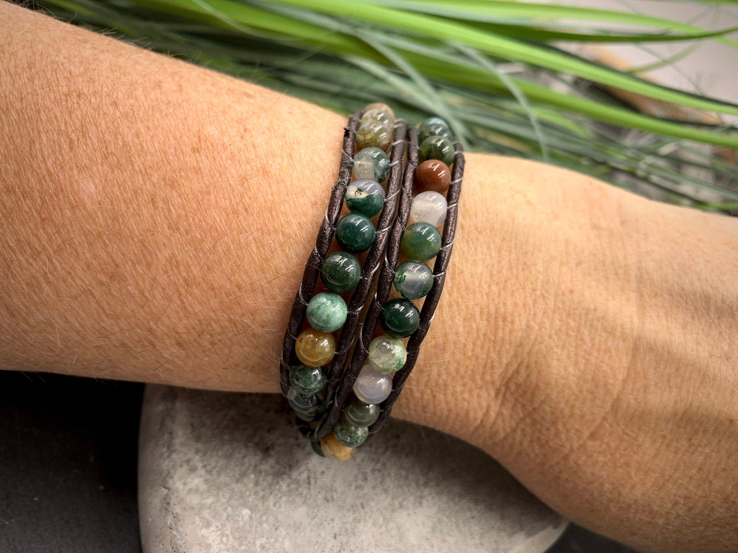 Wickelarmband Indischer Achat Leder - Perlenarmband gewickelt - Geschenk Geburtstag Liebe Kraft - Edelstein nach Wunsch