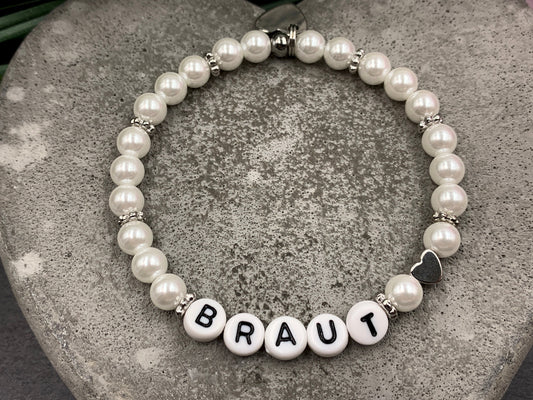 Perlenarmband Braut Weiß gewachste Glasperlen Perlmuttimitat Herz Platiniert Brautschmuck Perlenarmband Hochzeit Erinnerungsarmband heiraten