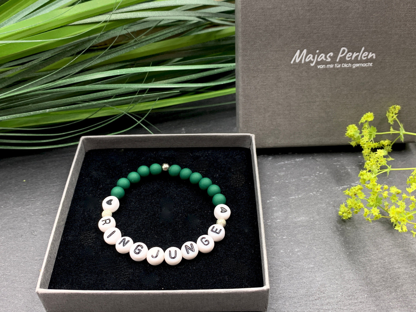 Armband Ringjunge Acryl Dunkelgrün - Perlen 6 mm - Geschenk Ringkind Ringmädchen- rund um Hochzeit - viele Farben - alle Größen - handmade