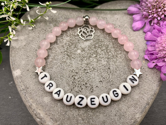 Armband Rosenquarz Trauzeugin Sterne echt platiniert - Perlenarmband Brautjungfer Brautmama Team Braut - Wunschedelstein personalsierbar