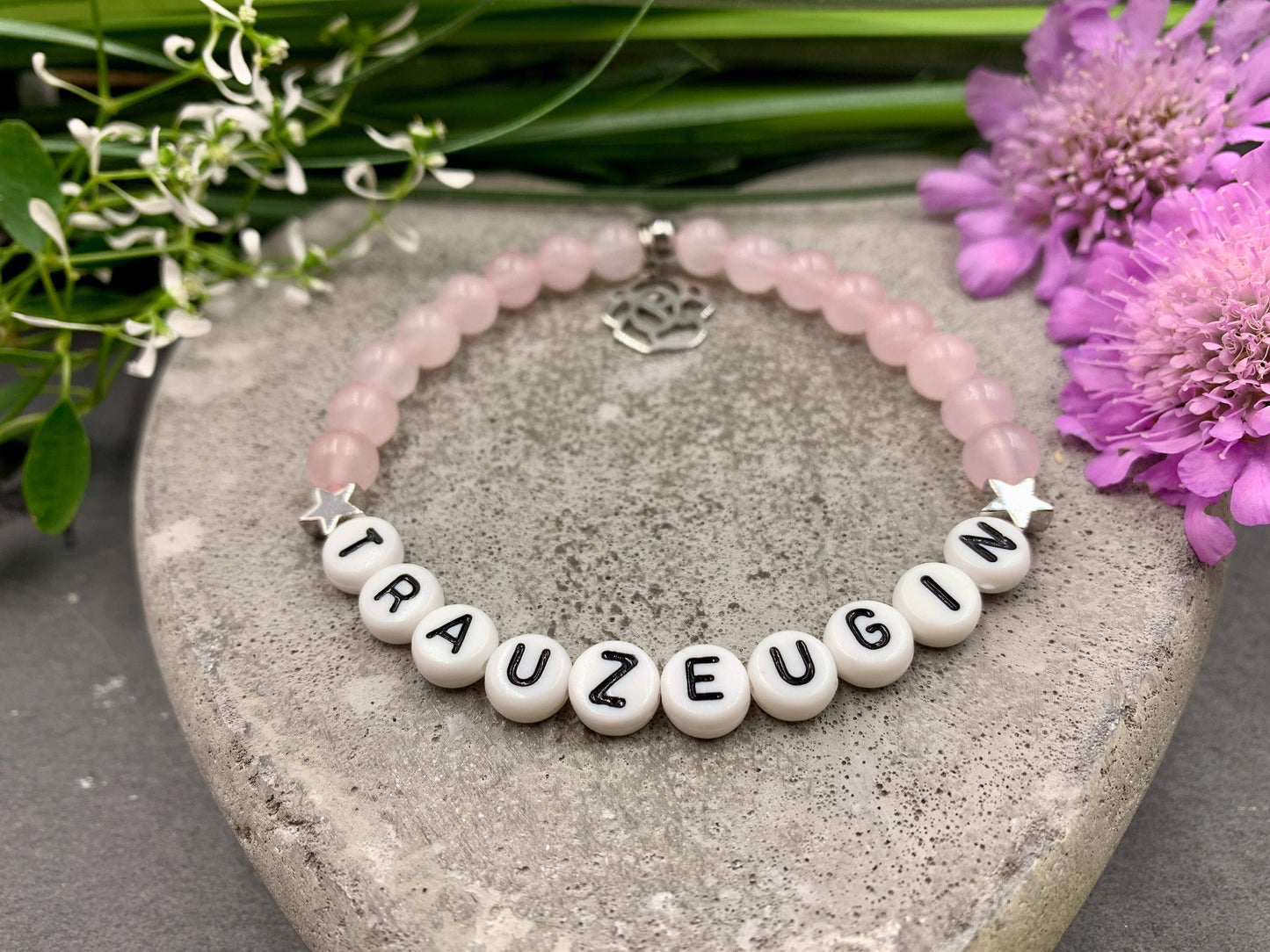 Armband Rosenquarz Trauzeugin Sterne echt platiniert - Perlenarmband Brautjungfer Brautmama Team Braut - Wunschedelstein personalsierbar