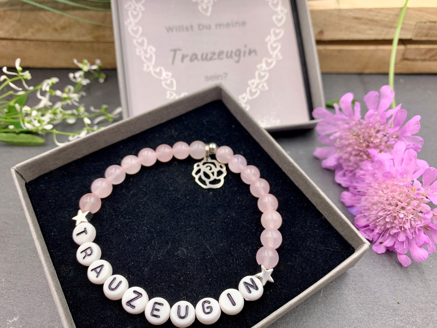Armband Rosenquarz Trauzeugin Sterne echt platiniert - Perlenarmband Brautjungfer Brautmama Team Braut - Wunschedelstein personalsierbar