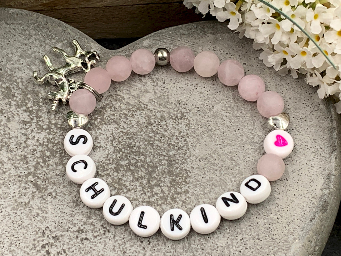 Perlenarmband Schulkind Rosenquarz - Herzen echt Platiniert - Armband Glücksbringer Mädchen Einschulung - diverse Edelsteine - anpassbar