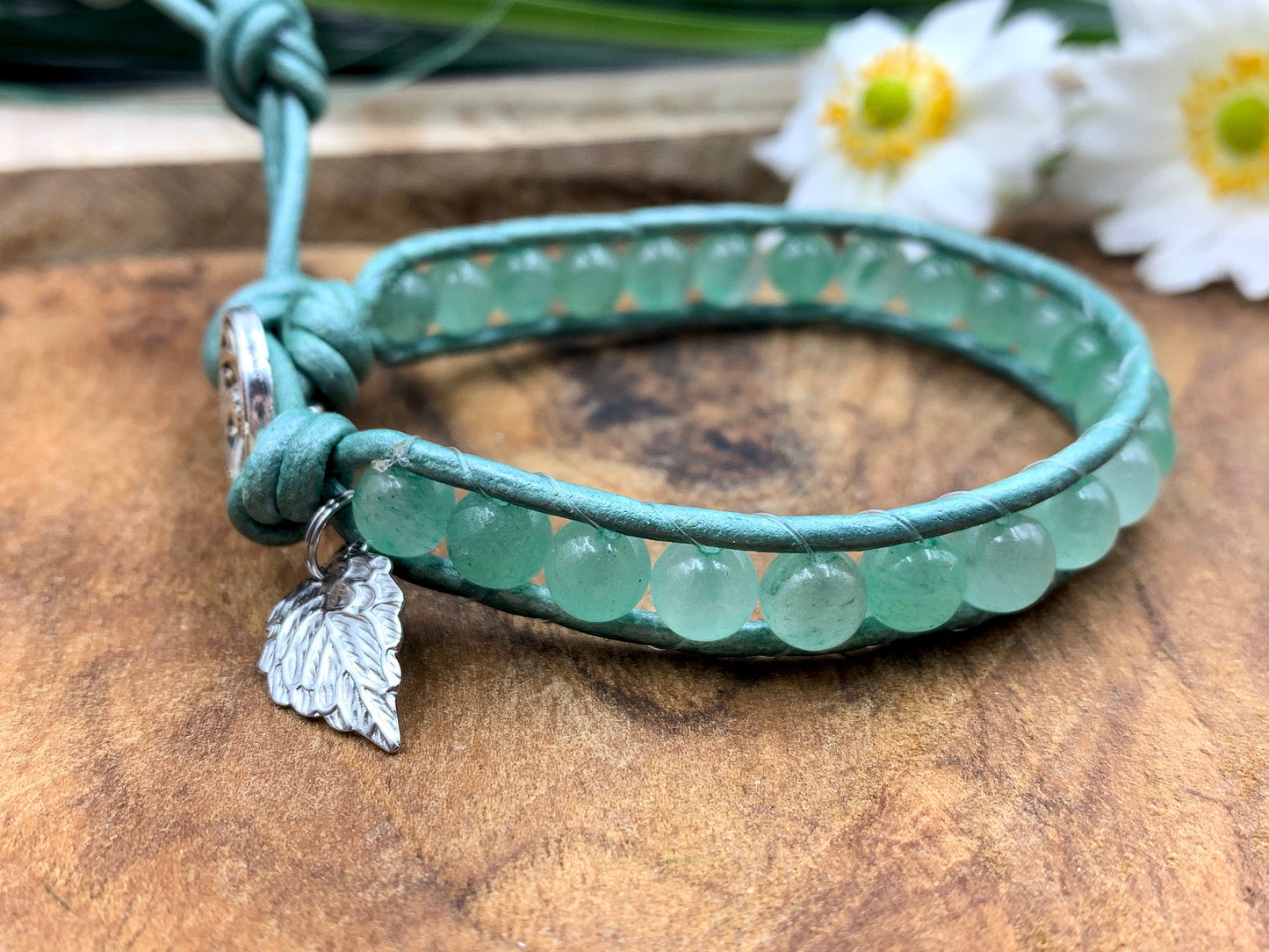 Wickelarmband Aventurin echt mit Leder - Perlenarmband gewickelt Bohostil - Geschenk beste Freundin Lieblingsmensch - Edelstein wählbar