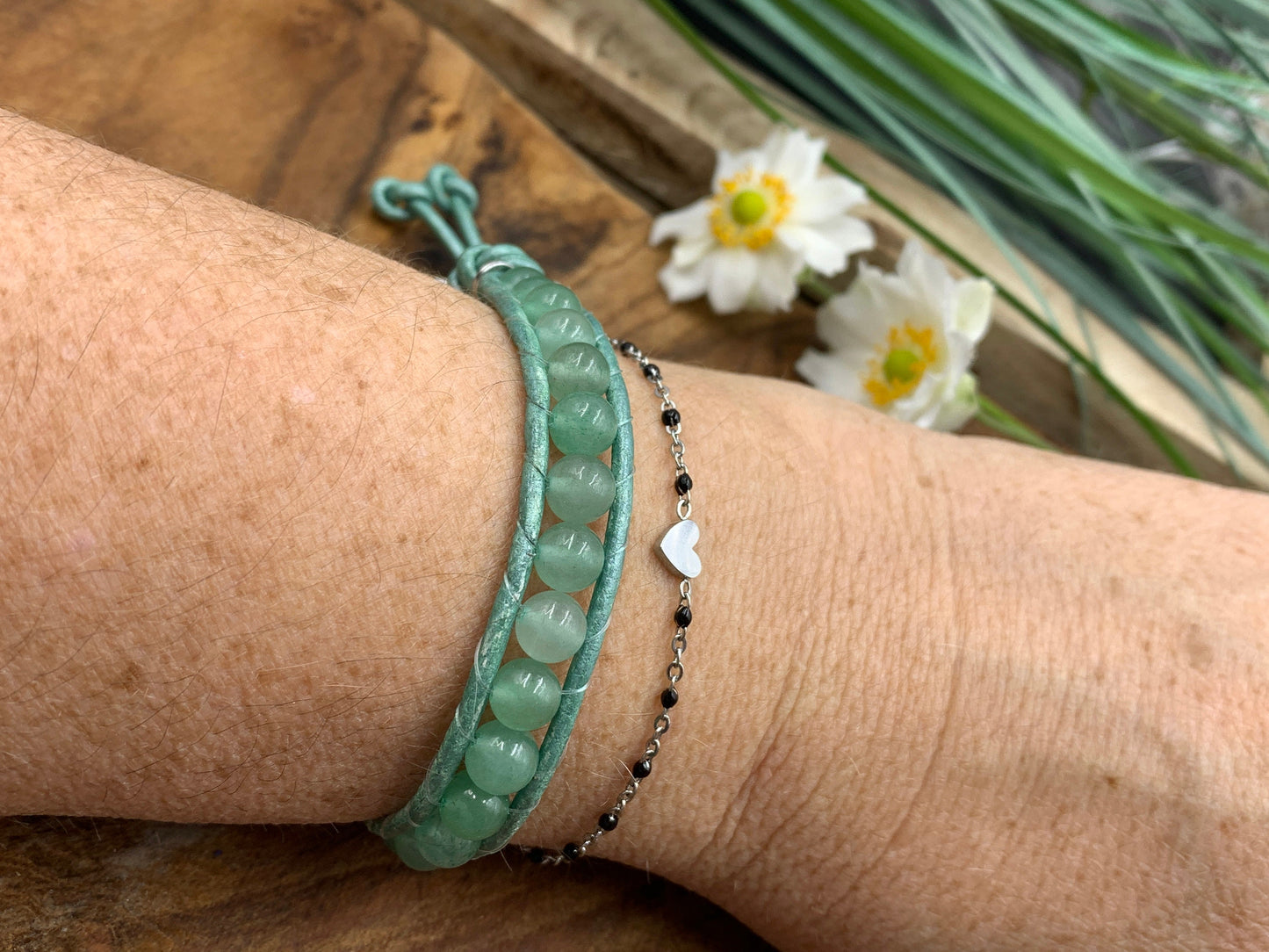 Wickelarmband Aventurin echt mit Leder - Perlenarmband gewickelt Bohostil - Geschenk beste Freundin Lieblingsmensch - Edelstein wählbar