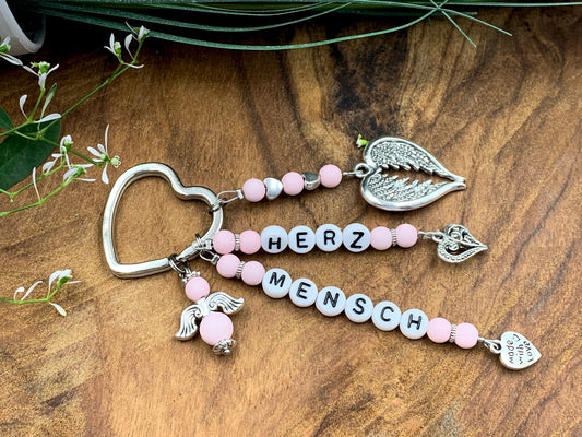 Schlüsselanhänger Herzmensch Perlen Acryl Zartrosa - Geschenk Liebe Lieblingsmensch Freundschaft - personalisierbar echte Edelsteine möglich