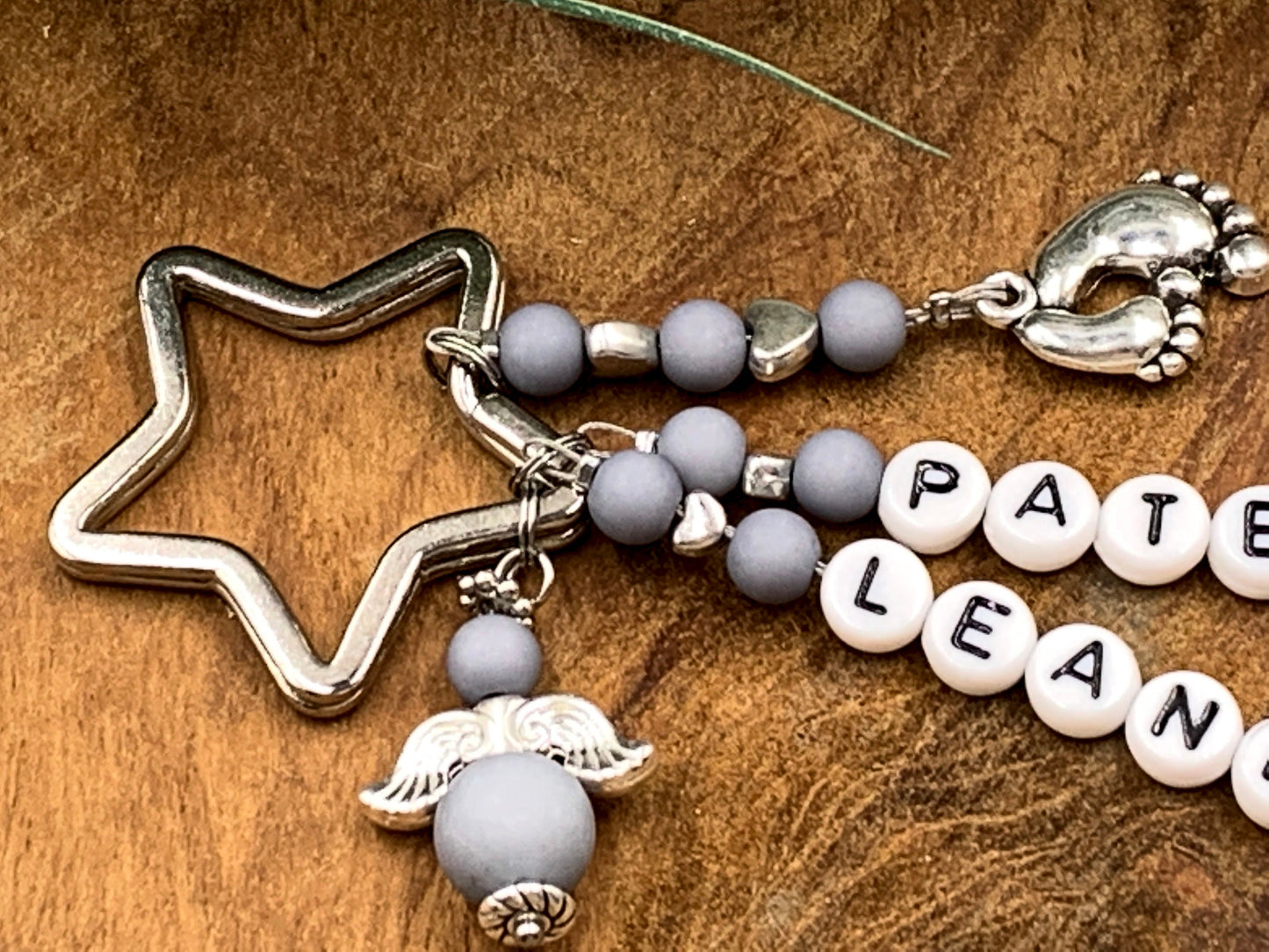Schlüsselanhänger Patenonkel Grau Perlen Acryl 6 mm - Edelsteine möglich - Geschenk für Paten und Taufe Patenschaft - Größe ca. 15 cm