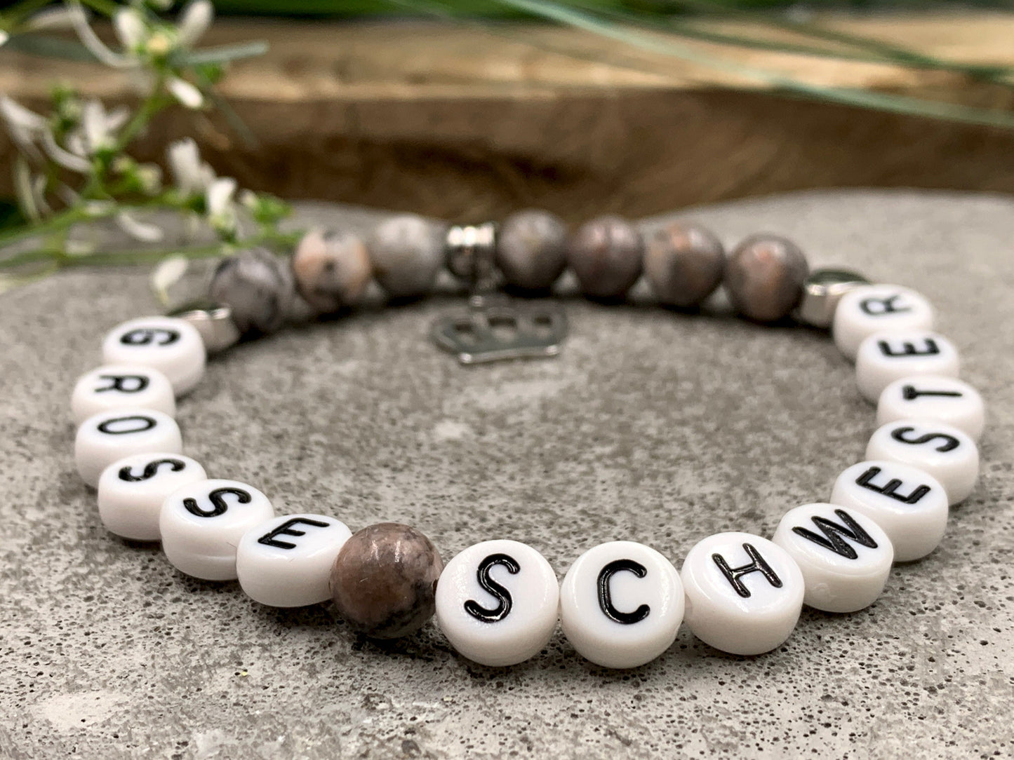 Armband Grosse Schwester Zebra Jaspis Herzen Messing Platiniert - Geschenk Schwesterherz Bruder Geburt Geschwisterkind - diverse Edelsteine