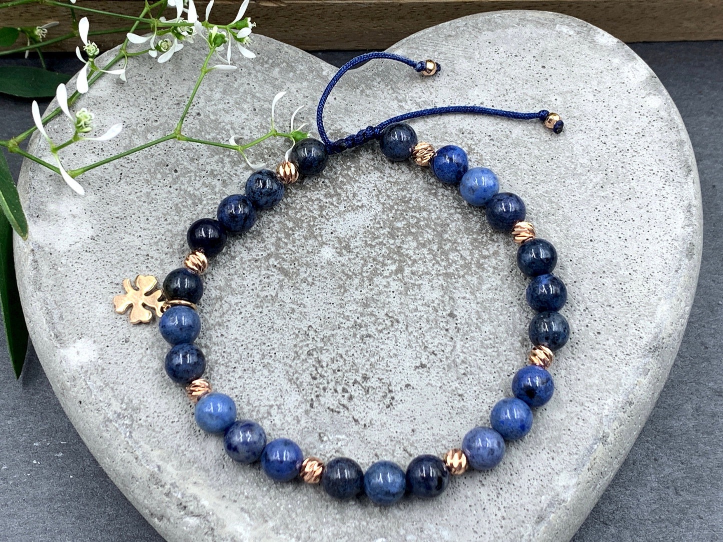 Armband Dumortierit Makramee Größe einstellbar - Perlen Roségold plated - Perlenarmband Naturstein echt - personalisierbar viele Edelsteine