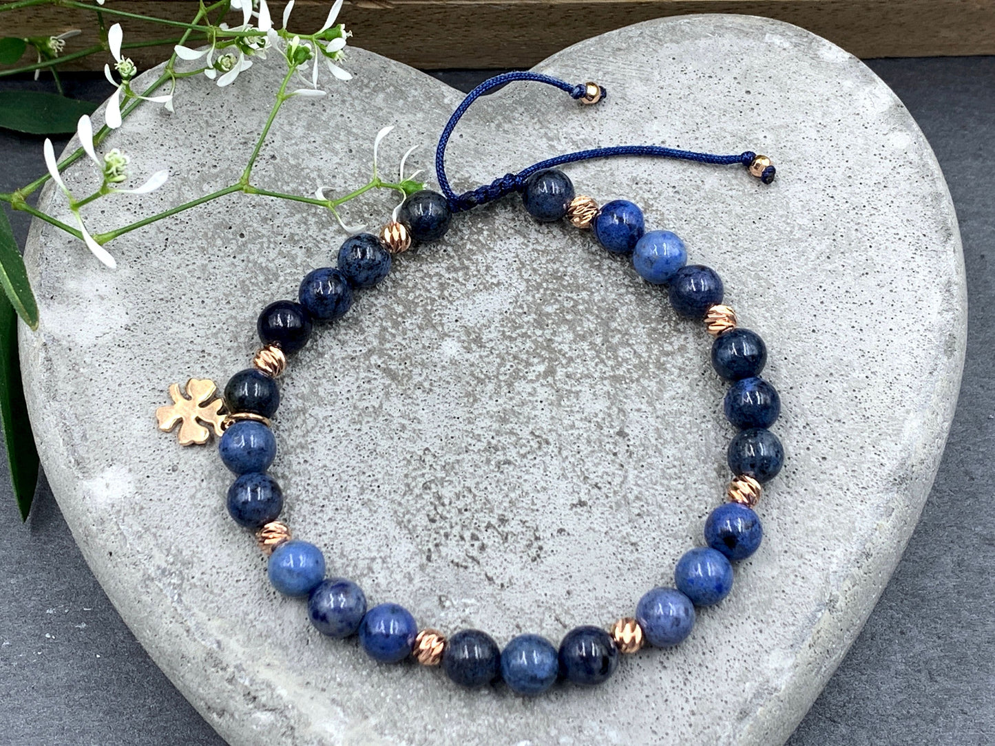 Armband Dumortierit Makramee Größe einstellbar - Perlen Roségold plated - Perlenarmband Naturstein echt - personalisierbar viele Edelsteine
