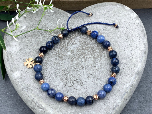 Armband Dumortierit Makramee Größe einstellbar - Perlen Roségold plated - Perlenarmband Naturstein echt - personalisierbar viele Edelsteine