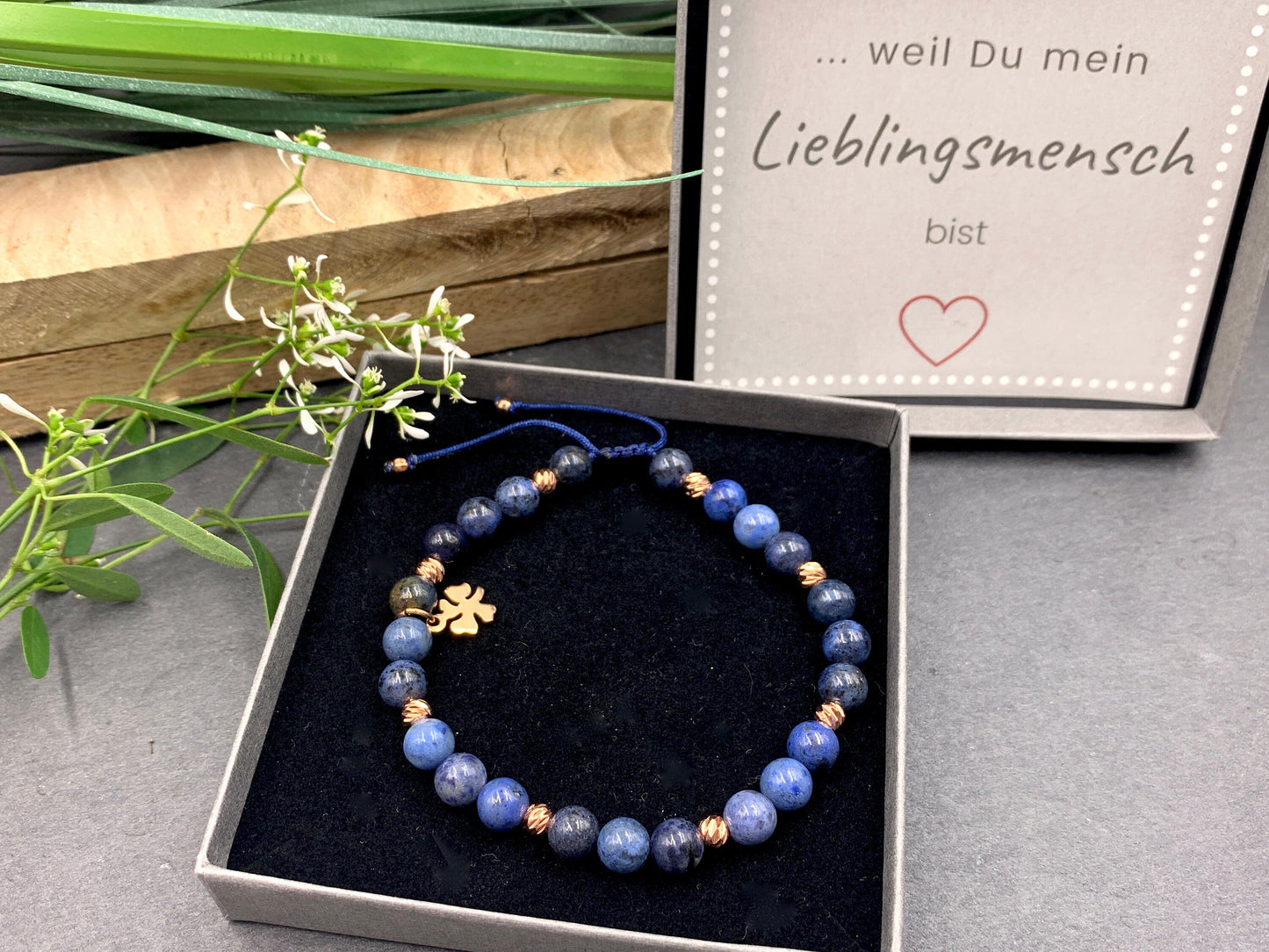 Armband Dumortierit Makramee Größe einstellbar - Perlen Roségold plated - Perlenarmband Naturstein echt - personalisierbar viele Edelsteine