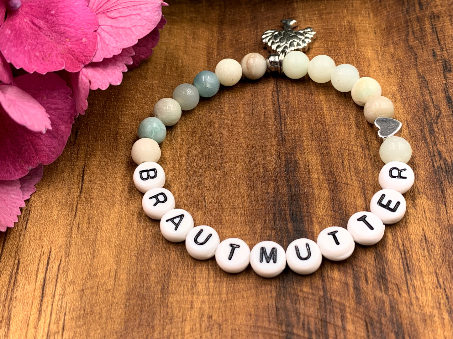 Armband Brautmutter Amazonit Herz platiniert - Perlenarmband Bräutigammama Brautmama Hochzeit - personalisierbar Edelstein wählbar