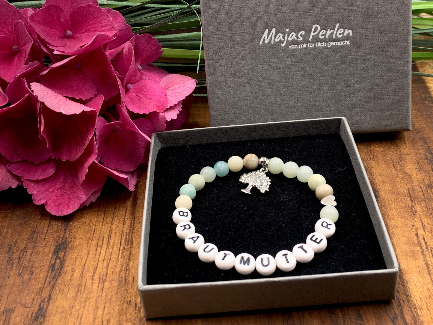 Armband Brautmutter Amazonit Herz platiniert - Perlenarmband Bräutigammama Brautmama Hochzeit - personalisierbar Edelstein wählbar