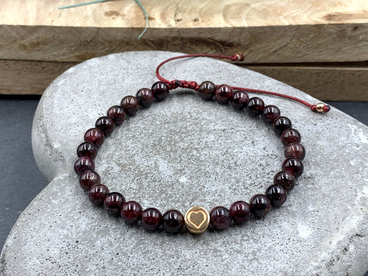 Armband Makramee Granat echter Naturstein  Makramee - Herz DQ Roségold - Silber Gold Gunmetal - spirituelles Armband - Geschenk Liebe Glück