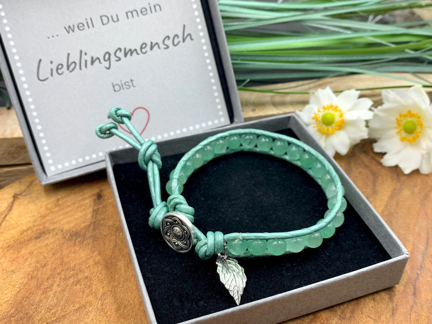 Wickelarmband Aventurin echt mit Leder - Perlenarmband gewickelt Bohostil - Geschenk beste Freundin Lieblingsmensch - Edelstein wählbar