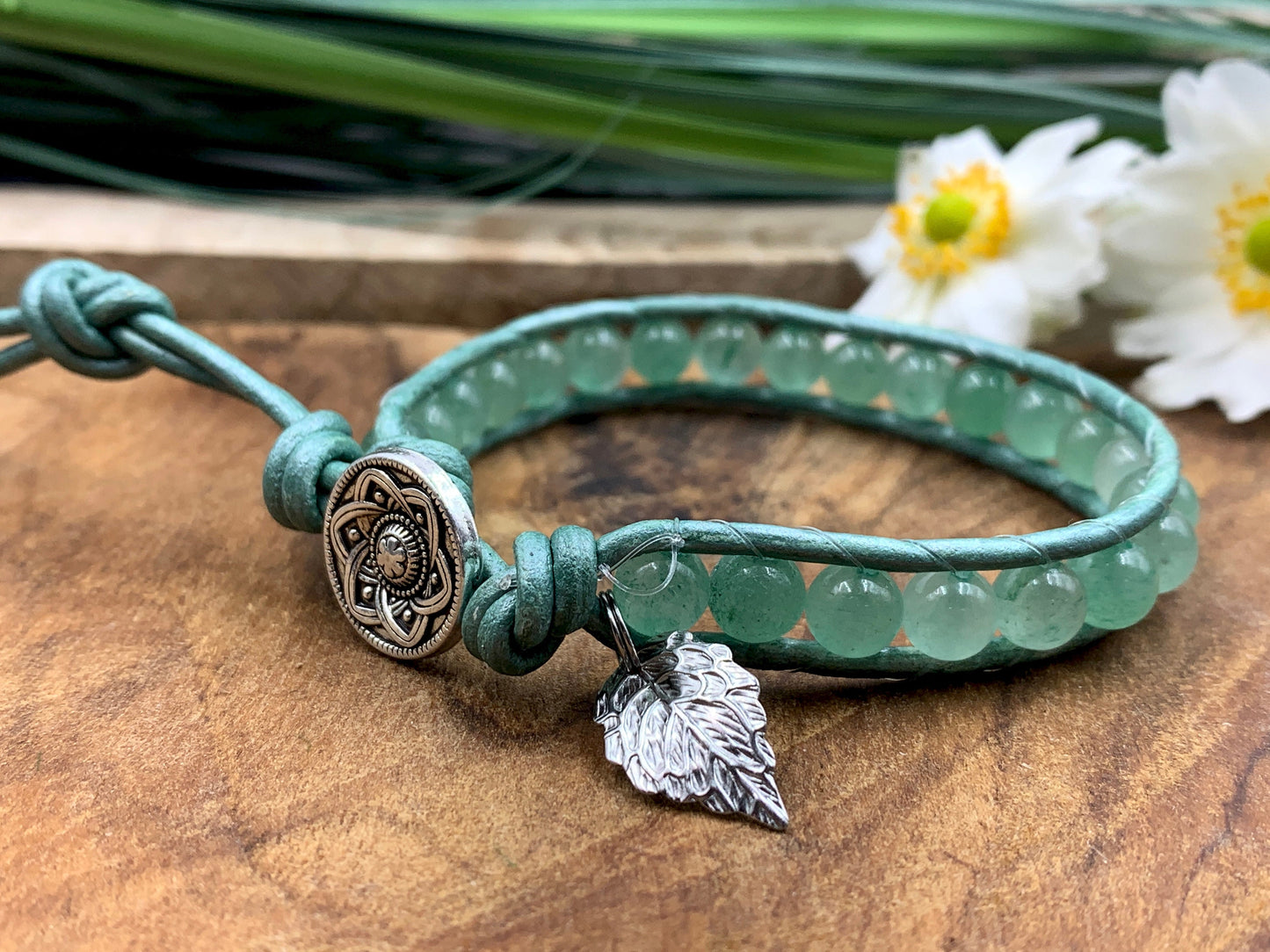 Wickelarmband Aventurin echt mit Leder - Perlenarmband gewickelt Bohostil - Geschenk beste Freundin Lieblingsmensch - Edelstein wählbar