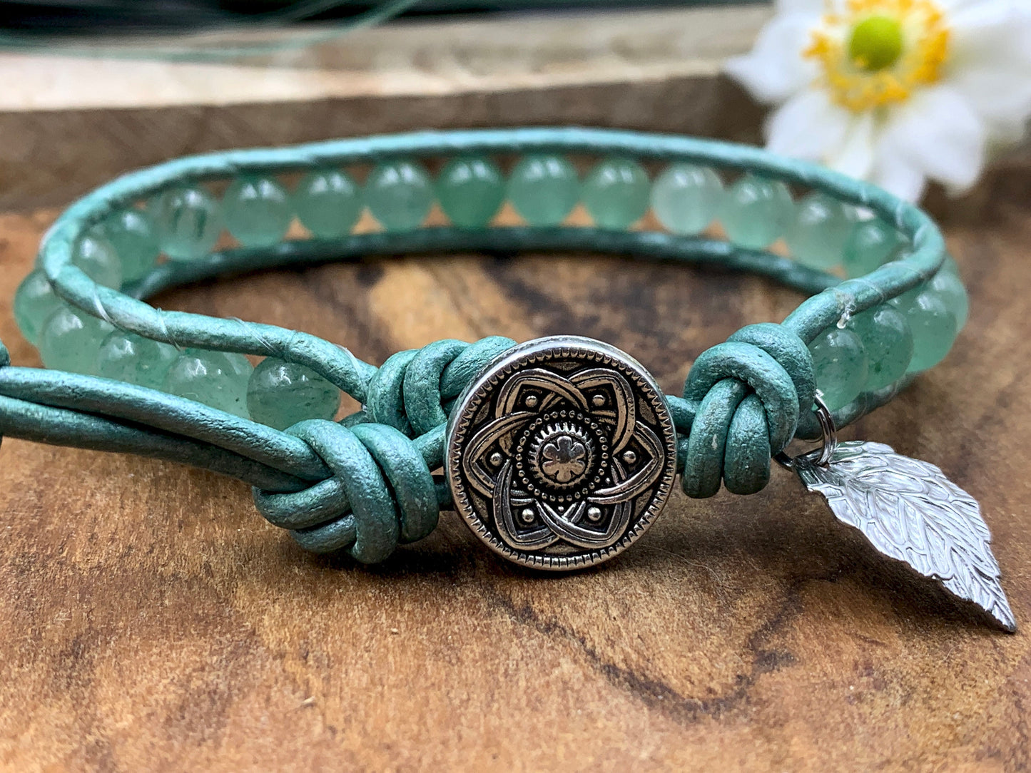 Wickelarmband Aventurin echt mit Leder - Perlenarmband gewickelt Bohostil - Geschenk beste Freundin Lieblingsmensch - Edelstein wählbar