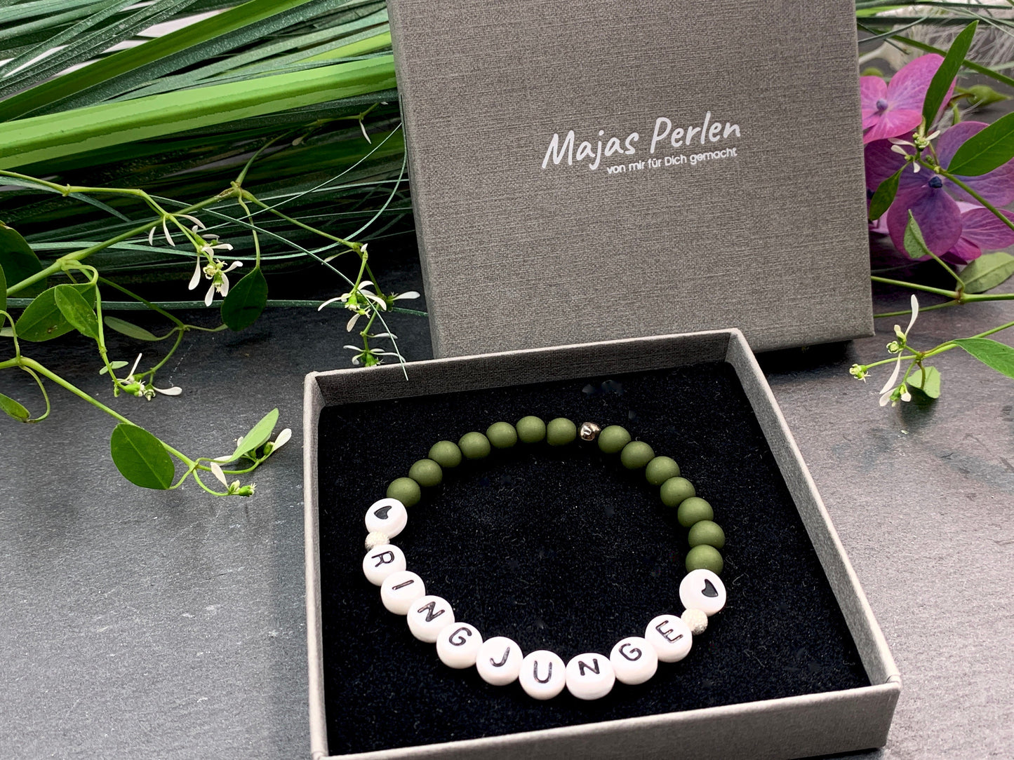 Armband Ringjunge Acryl Oliv - Perlen 6 mm - Geschenk Ringkind Ringmädchen- rund um Hochzeit - viele Farben - alle Größen - handmade