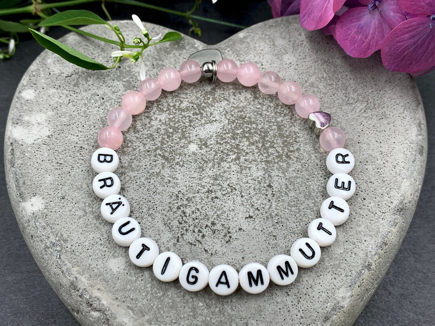 Armband Bräutigammutter Rosenquarz - Herz Platiniert - Perlenarmband für Mutter des Bräutigam Brautmama Hochzeit - personalisierbar