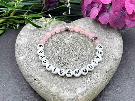 Armband Bräutigammutter Rosenquarz - Herz Platiniert - Perlenarmband für Mutter des Bräutigam Brautmama Hochzeit - personalisierbar
