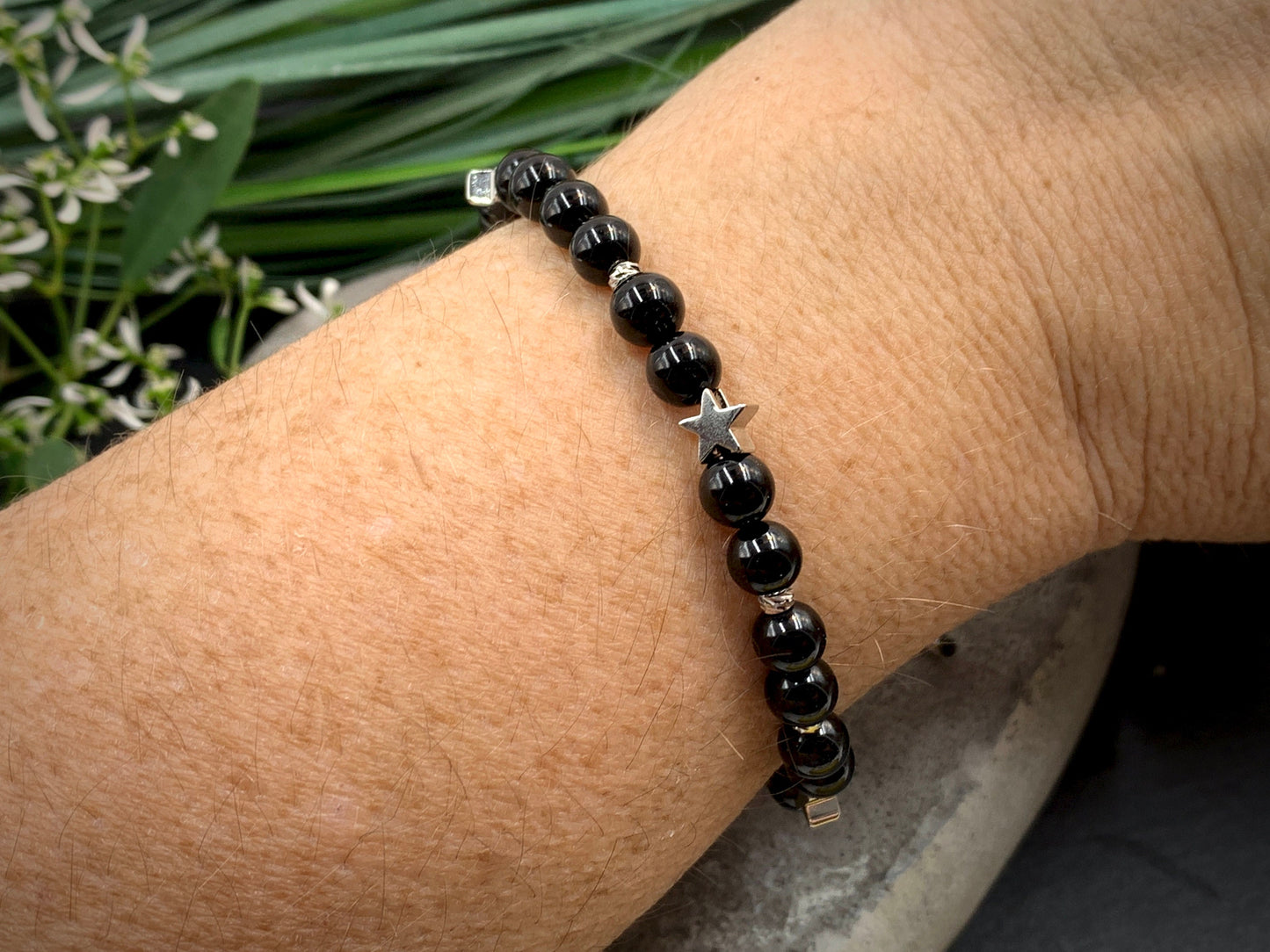 Perlenarmband Amethyst echter Naturstein Makramee - Sterne Facettenperlen platiniert - Geschenk Lieblingsmensch - verschiedene Edelsteine