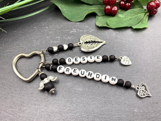 Schlüsselanhänger Beste Freundin Perlen Acryl Schwarz - Geschenk Liebe Lieblingsmensch Freundschaft - anpassbar - echte Edelsteine möglich