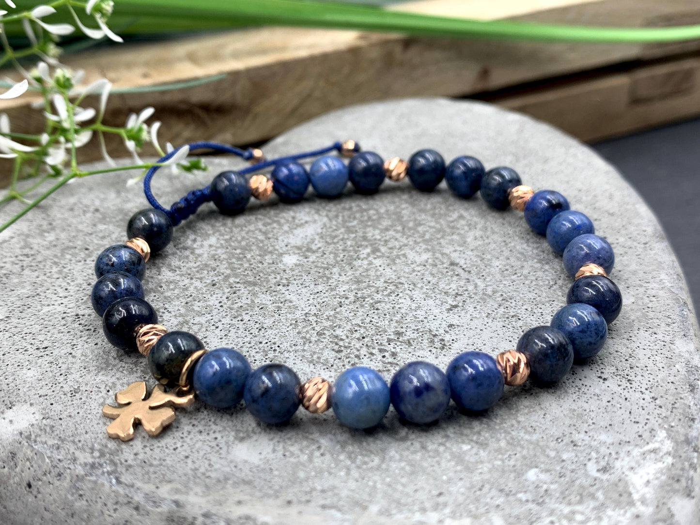 Armband Dumortierit Makramee Größe einstellbar - Perlen Roségold plated - Perlenarmband Naturstein echt - personalisierbar viele Edelsteine