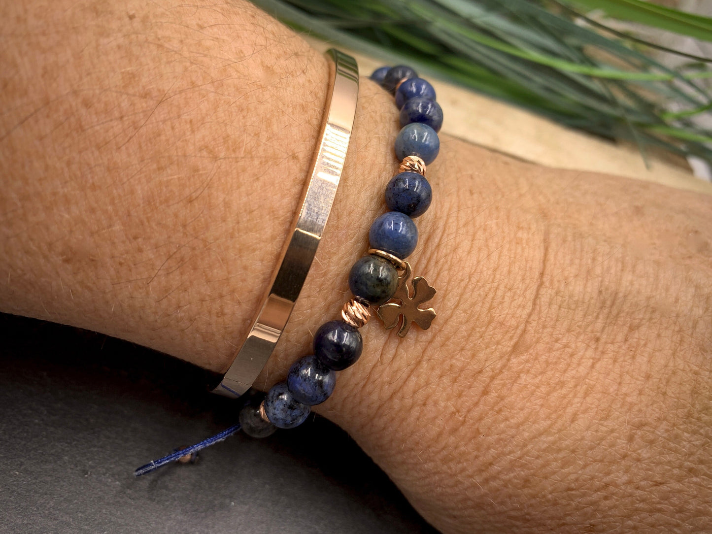 Armband Dumortierit Makramee Größe einstellbar - Perlen Roségold plated - Perlenarmband Naturstein echt - personalisierbar viele Edelsteine