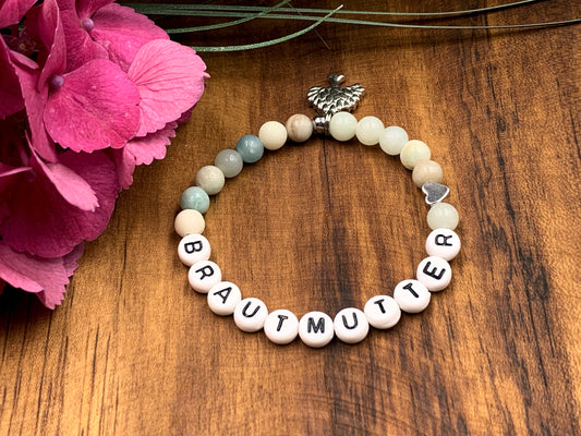 Armband Brautmutter Amazonit Herz platiniert - Perlenarmband Bräutigammama Brautmama Hochzeit - personalisierbar Edelstein wählbar